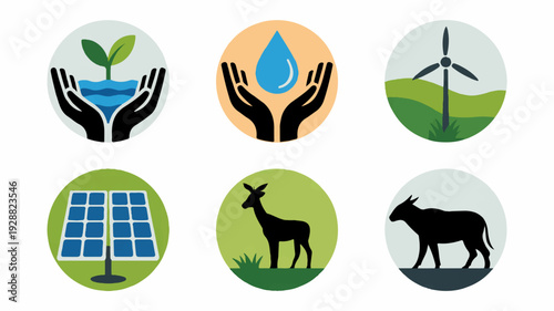 Environmental protection icons set including hands holding plant water drop wind turbine solar panel deer and bull on green background for ecology and conservation concepts
