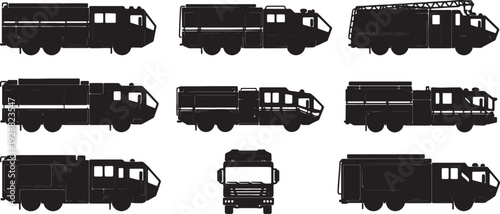 Black Solid Various Types of Airport Fire Truck Silhouettes Set of Six on White Background