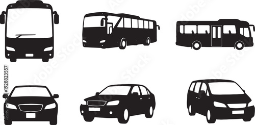 Black Solid Various Types of Airport Passenger Vehicle Silhouettes Set of Six on White Background
