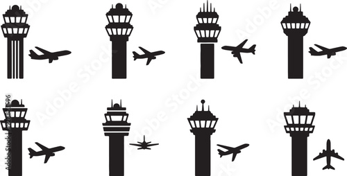 Black Solid Air Traffic Control Tower with a Plane Silhouettes Set of Six on White Background