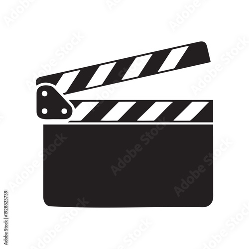 A black and white clapper board icon on a plain white background