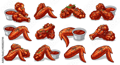 Delicious Glazed Chicken Wings Set with Dipping Sauce and Sesame Seeds