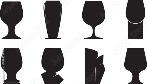 Black Solid Architectural Base Wine Glasses Silhouettes Set of Six on White Background