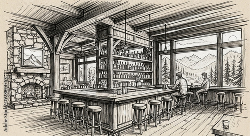 Rustic bar interior with fireplace and mountain view sketch.