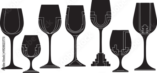 Black Solid Art Deco Wine Glasses Silhouettes Set of Six on White Background