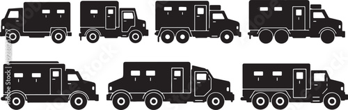 Black Solid Armored Truck Silhouettes Set of Six on White Background