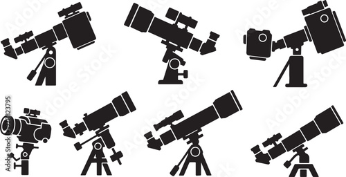 Black Solid Astronomical Camera Silhouettes Set of Six on White Background
