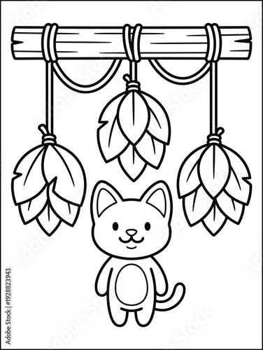 Cute Cat Under Hanging Leaves Coloring Page