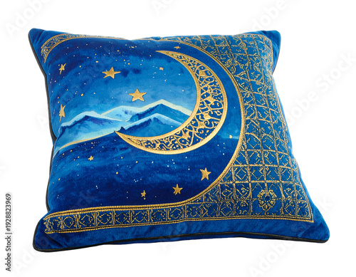 Luxurious celestial blue pillow with ornate gold moon and stars