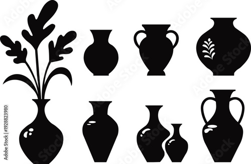 Black vase silhouettes set, Minimal ceramic vases illustration, Modern pottery silhouette collection, Minimalist home decor vases, Scandinavian vase silhouettes, Decorative pottery vector set