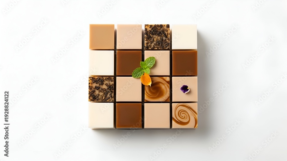 Obraz premium Korean milk tea jelly cube dessert arranged neatly on a square grid with various toppings