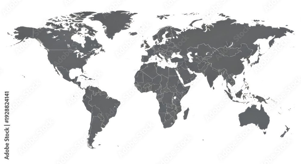 Fototapeta premium A minimalist world map highlighting the continents in muted grayscale tones. isolated on transparent background
