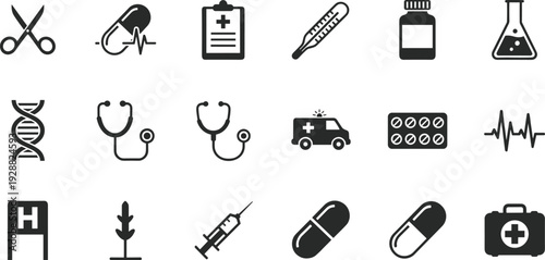 Black silhouette icon set of medical and healthcare elements including stethoscope ambulance pills syringe dna strand and first aid kit for medicine.