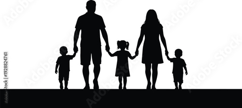 Black silhouette of a happy family with father mother and three children holding hands while standing together isolated on white background for.