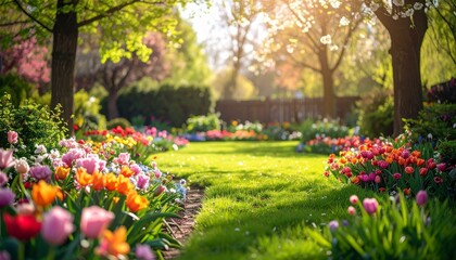 Leinwandbilder Grau A vibrant spring landscape features a lush green lawn and winding path through a garden flowerbed blooming with pink and red tulips under a canopy of budding trees in Keukenhof park  © siti