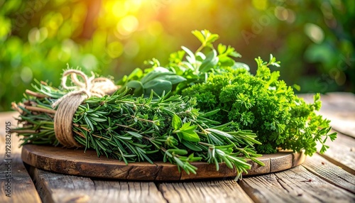 Fresh organic herbs like basil and parsley grow in a garden pot alongside a bowl of healthy green seasoning ingredients including thyme and cress isolated on a white background