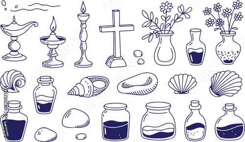 Collection of traditional religious and nautical line art illustrations