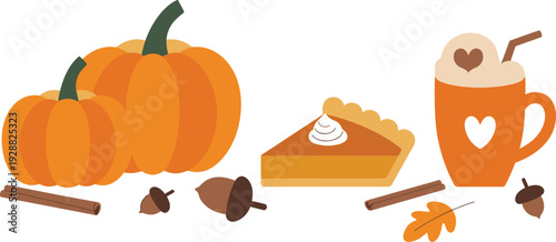 Autumn pumpkins with pumpkin pie slice latte coffee cinnamon acorns and fall leaves flat vector illustration isolated