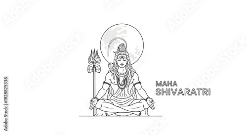 Black silhouette illustration of Shiva in meditation on Maha Shivaratri, a Hindu religious celebration, with a trident and halo against a clean white background.