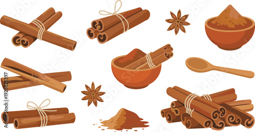 Cinnamon sticks bundles with star anise and ground spice bowl illustration isolated on white background vector set