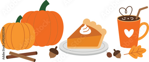 Autumn pumpkin pie slice with coffee cup cinnamon sticks and fall leaves seasonal vector illustration isolated background