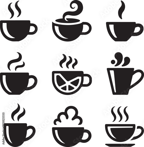 Hot coffee drinks icons flat style black white transparent