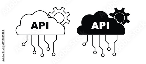 Cloud API Gear Circuit Application Programming Interface Thin Line Glyph Solid Black White Software Icon Vector.