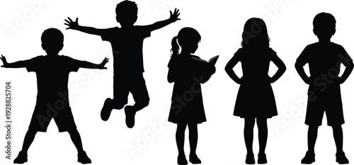 Children silhouettes collection showing playful jumping, reading, standing and confident poses isolated on light background for childhood, education, growth and personality development concepts