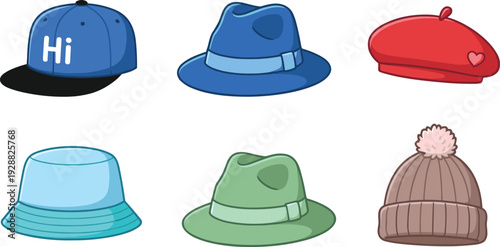 Collection of stylish cartoon hats including baseball cap, fedora, beret, bucket hat and winter beanie, colorful headwear icons isolated on light background for fashion design