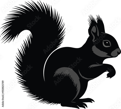   
Squirrel silhouette illustration, black vector art, bushy tail design, wildlife animal profile, nature motif, decorative artwork, educational graphics, artistic inspiration