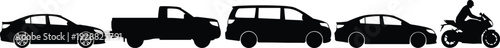 Collection of vehicle silhouettes including sedan, pickup truck, minivan, car and sport motorcycle, representing transportation options, mobility concepts and modern road travel diversity illustration
