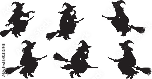Black Solid Casual Witch Flight Silhouettes Set of Six on White Background