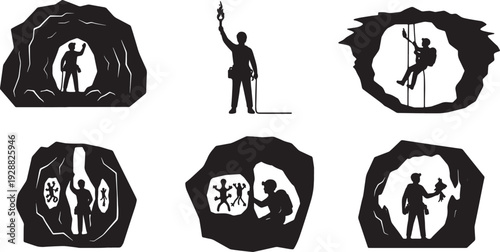 Black Solid Cave Explorer and Spelunker Silhouettes Set of Six