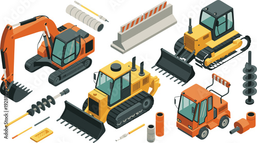 Heavy construction machinery illustration with excavator, bulldozer, drilling auger, road barrier and industrial building equipment set.
