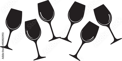 Black Solid Celebratory Angle Wine Glasses Silhouettes Set of Six on White Background
