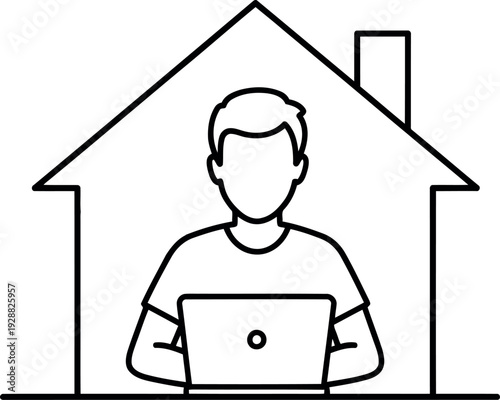 Remote Work Concept – Man Working on Laptop at Home Line Art Illustration