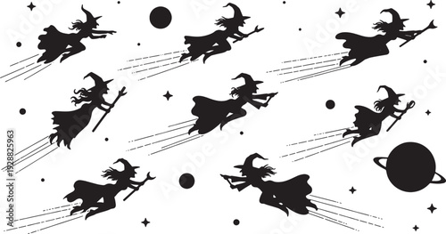 Black Solid Celestial Flight Witch Silhouettes Set of Six on White Background
