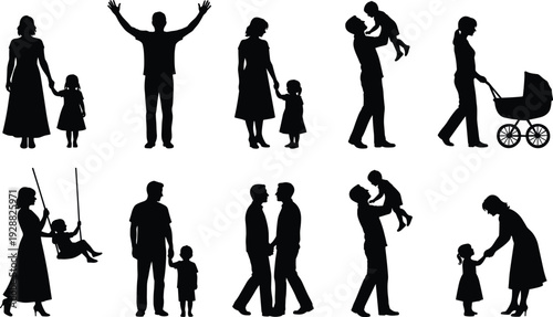 Family silhouettes collection showing parents and children bonding, walking, playing, holding hands and caring moments isolated on light background for parenting, love and lifestyle concepts