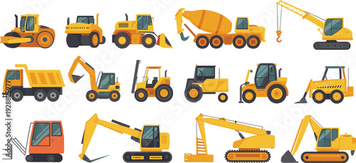 Heavy construction vehicles vector illustration set including excavators, cranes, dump trucks, loaders, bulldozers and industrial machinery equipment