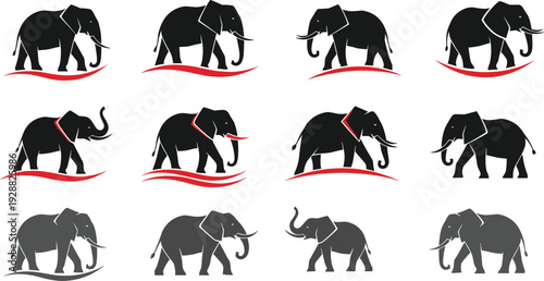 Stylized elephant silhouettes illustration, walking poses, black and gray vector art, red accents, decorative wildlife design, symbolic strength, modern nature element