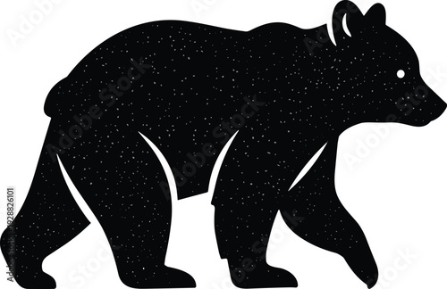 Stylized vector illustration of walking bear silhouette filled with starry night sky pattern, cosmic celestial artistic wildlife design