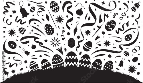 easter holiday celebration with eggs, confetti, and ribbons on a hill