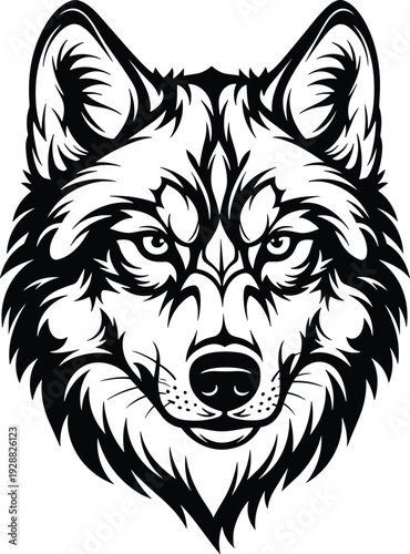 Stylized wolf head with symmetrical line work, intense gaze and fur detail, wildlife animal vector illustration, bold design artwork