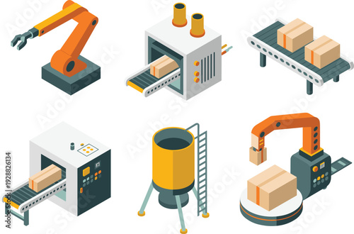 Industrial automation and robotics illustration featuring robotic arms, conveyor belt packaging system, factory machinery and manufacturing production process.