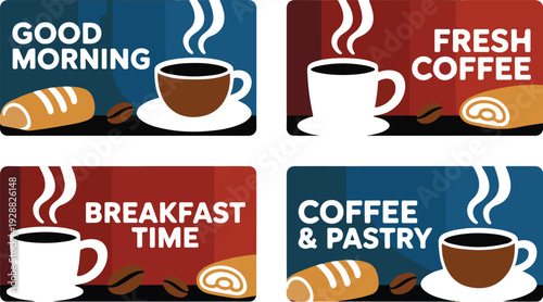 breakfast time and coffee and pastry themed banners set