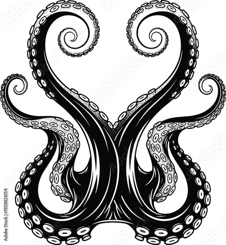 Symmetrical octopus tentacles illustration, ornate curling design with suction cups, bold black and white vector artwork for tattoo, logo, decoration