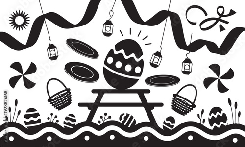 easter picnic scene with decorated eggs, baskets, and ribbons outdoor