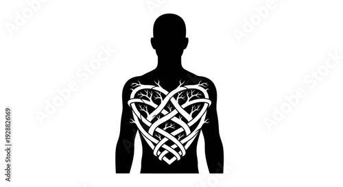 Black silhouette of a human torso with a heart shaped tree growing inside, conceptual vector illustration of love, nature, internal growth, and emotional health