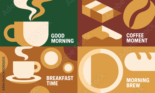 Abstract geometric coffee morning posters with cup and bakery shapes