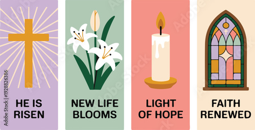 Easter banners with christian symbols cross candle and lily flowers